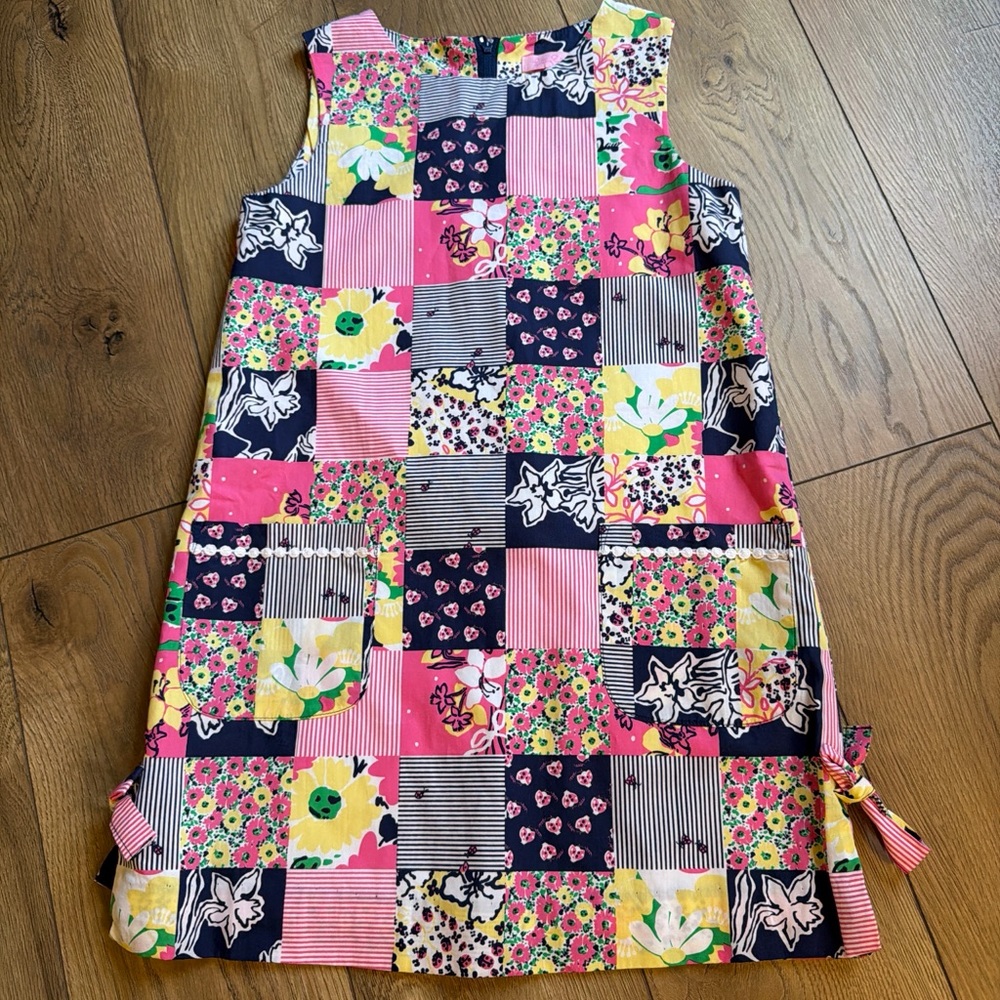 Lilly Pulitzer Girls Patchwork Floral Dress - Pink, Navy, Yellow, Green